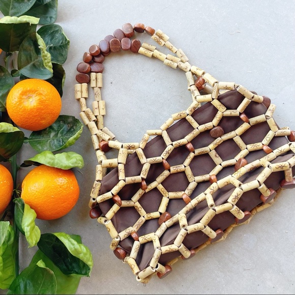 Vintage Handbags - Tan & Brown Beaded Summer Handbag